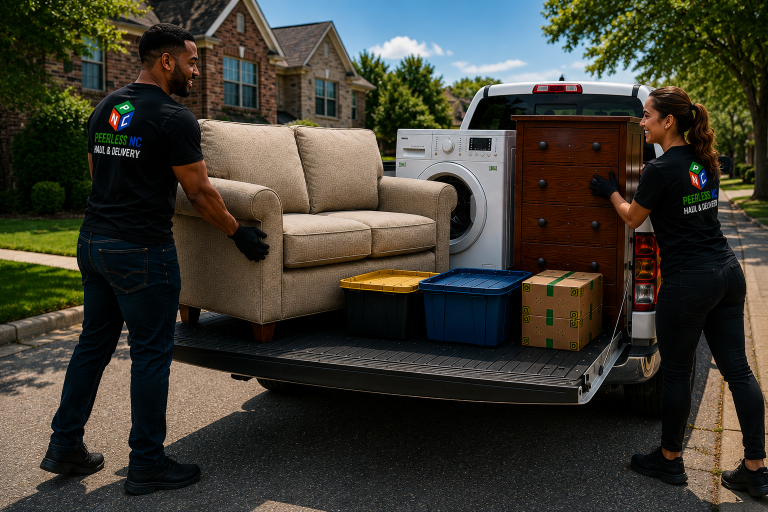 PeerlessNC crew loading a loveseat, washer, and dresser into the truck