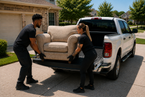 Movers carrying an armchair