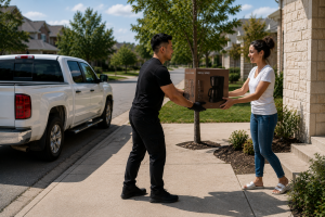 Mover handing a customer a boxed item at her door